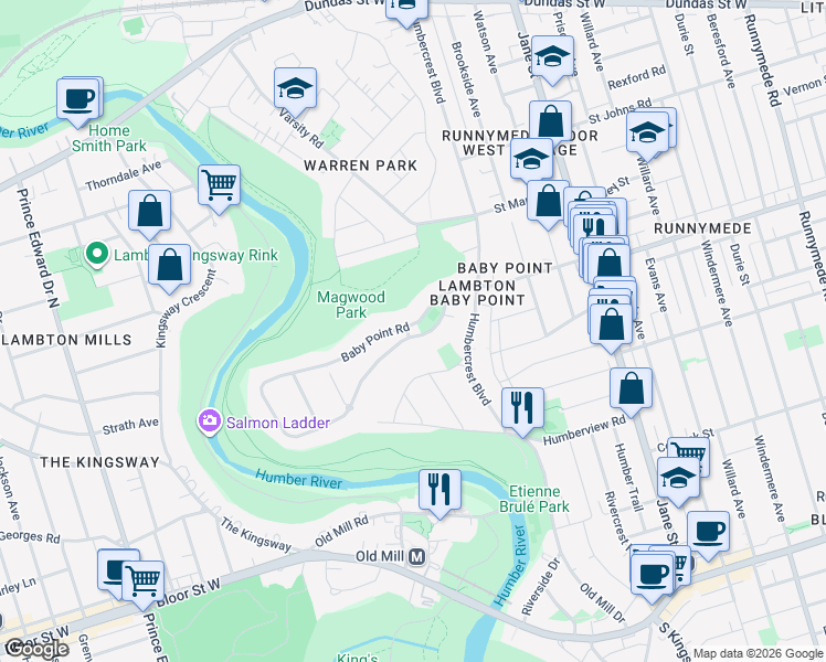 map of restaurants, bars, coffee shops, grocery stores, and more near 71 Baby Point Road in Toronto