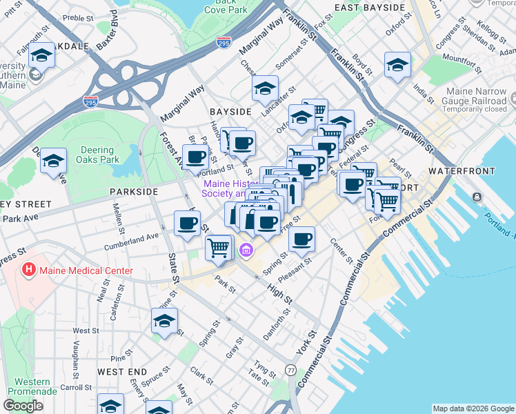 map of restaurants, bars, coffee shops, grocery stores, and more near 18 Casco Street in Portland