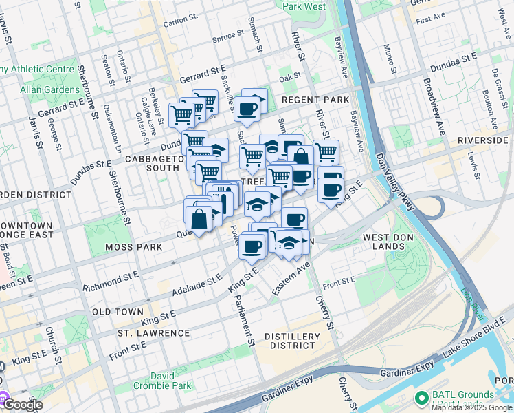 map of restaurants, bars, coffee shops, grocery stores, and more near in Toronto