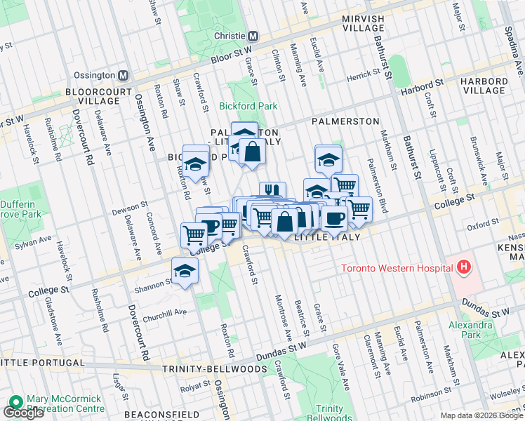 map of restaurants, bars, coffee shops, grocery stores, and more near 204 Beatrice Street in Toronto