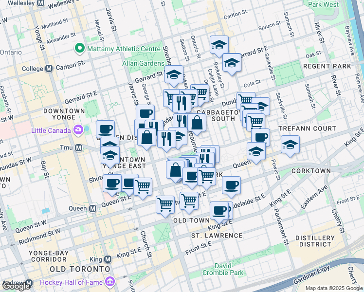 map of restaurants, bars, coffee shops, grocery stores, and more near 3 Pembroke Street in Toronto