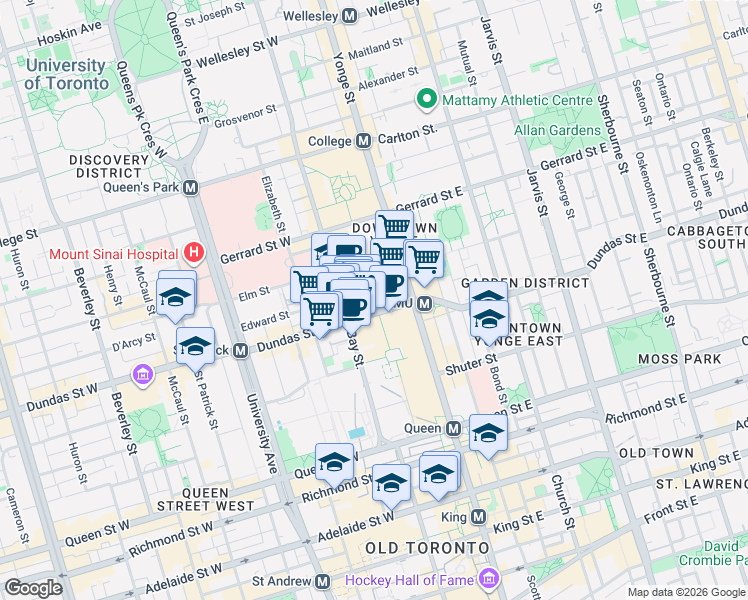 map of restaurants, bars, coffee shops, grocery stores, and more near 595 Bay Street in Toronto