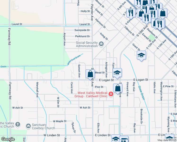 map of restaurants, bars, coffee shops, grocery stores, and more near 1604 South Kimball Avenue in Caldwell