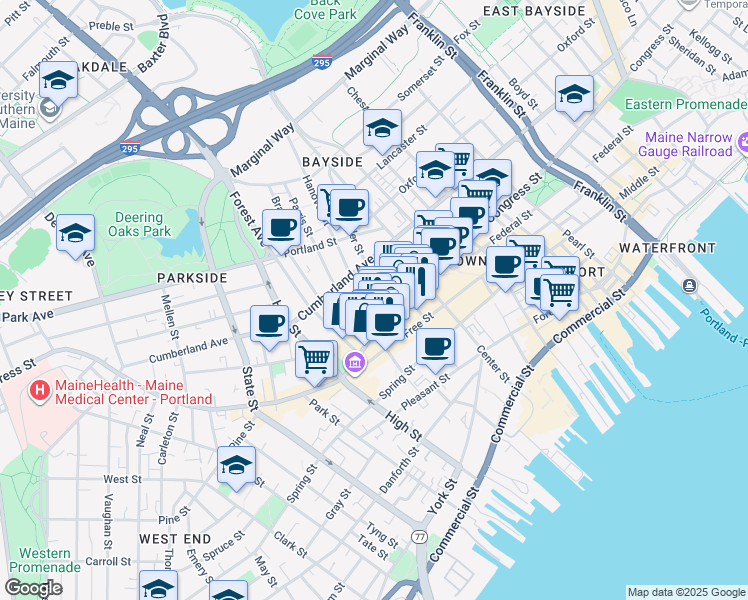 map of restaurants, bars, coffee shops, grocery stores, and more near 533 Congress Street in Portland