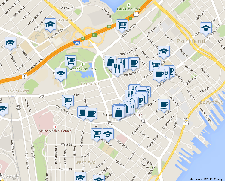 map of restaurants, bars, coffee shops, grocery stores, and more near 210 High Street in Portland