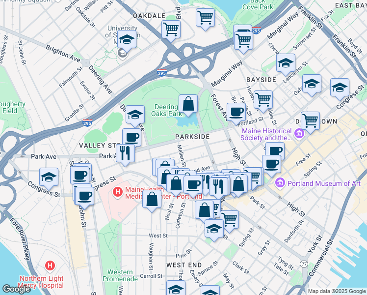 map of restaurants, bars, coffee shops, grocery stores, and more near 85 Grant Street in Portland