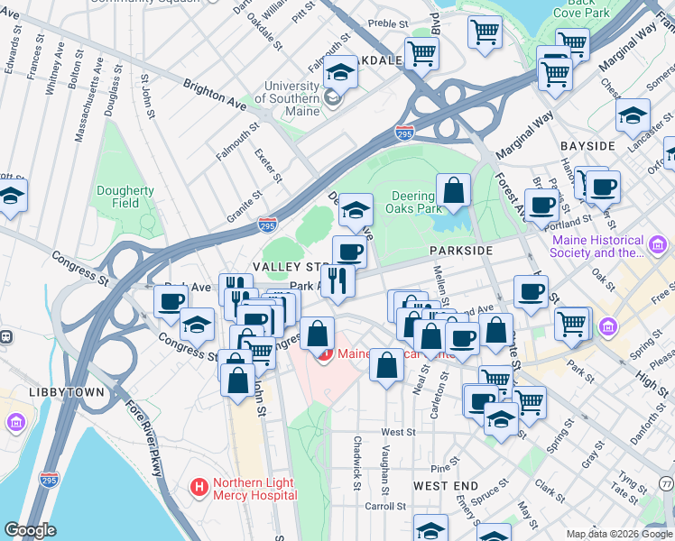 map of restaurants, bars, coffee shops, grocery stores, and more near 201 Park Avenue in Portland