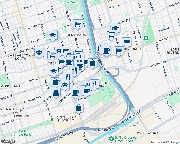 map of restaurants, bars, coffee shops, grocery stores, and more near 43 Saint Lawrence Street in Toronto