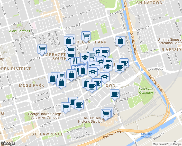 map of restaurants, bars, coffee shops, grocery stores, and more near 417-421 Queen Street East in Toronto