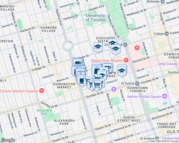 map of restaurants, bars, coffee shops, grocery stores, and more near 123 Huron Street in Toronto