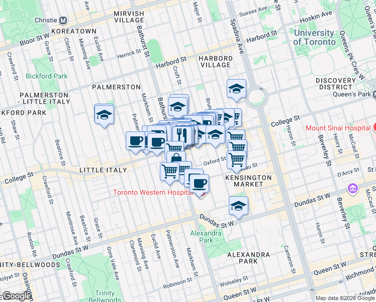 map of restaurants, bars, coffee shops, grocery stores, and more near in Toronto