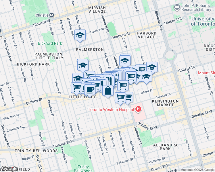 map of restaurants, bars, coffee shops, grocery stores, and more near 311 Palmerston Boulevard in Toronto