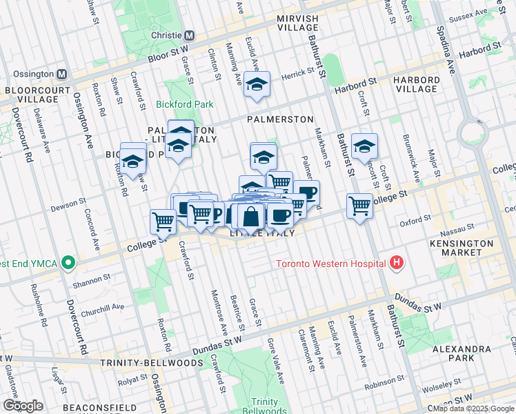 map of restaurants, bars, coffee shops, grocery stores, and more near in Toronto