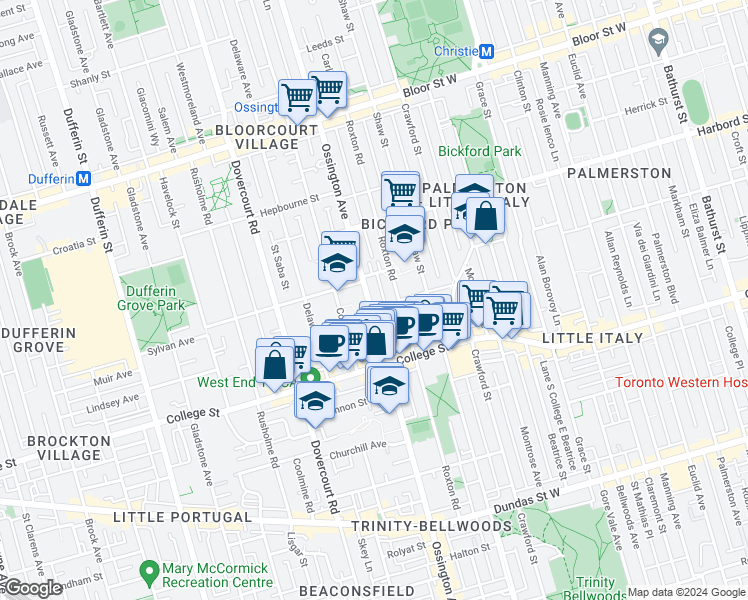 map of restaurants, bars, coffee shops, grocery stores, and more near in Toronto