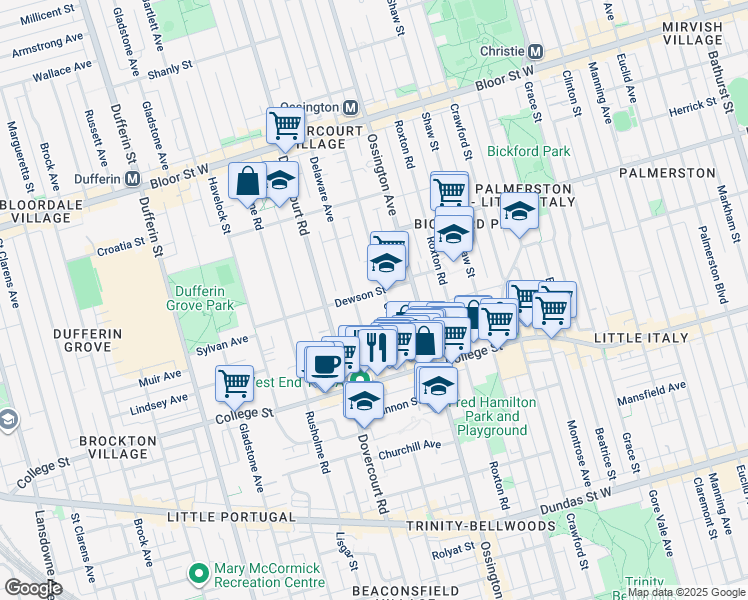 map of restaurants, bars, coffee shops, grocery stores, and more near in Toronto