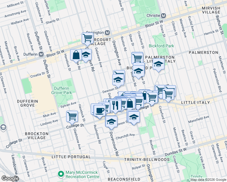 map of restaurants, bars, coffee shops, grocery stores, and more near 58 Concord Avenue in Toronto