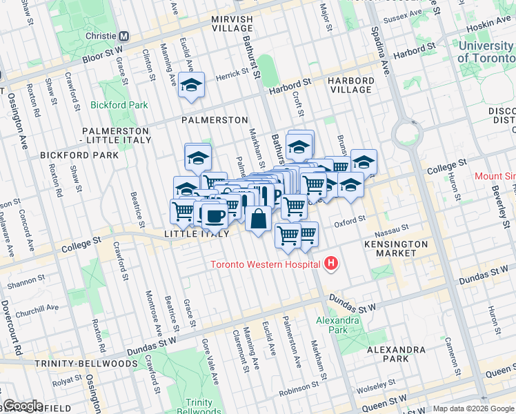 map of restaurants, bars, coffee shops, grocery stores, and more near 311 Palmerston Boulevard in Toronto