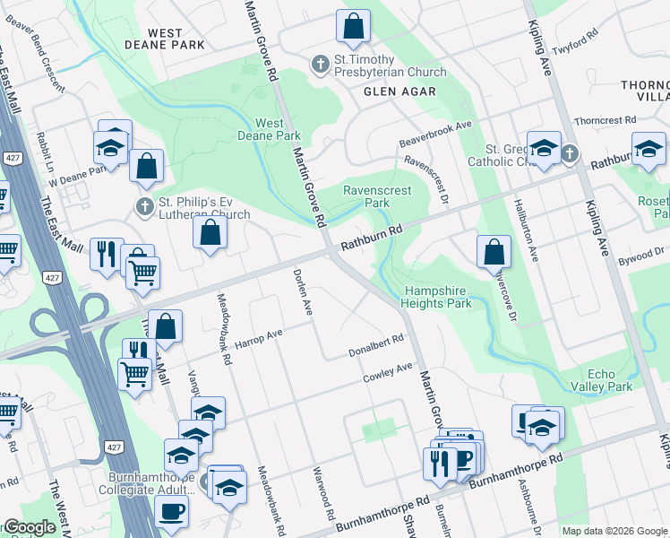 map of restaurants, bars, coffee shops, grocery stores, and more near 262 Martin Grove Road in Toronto