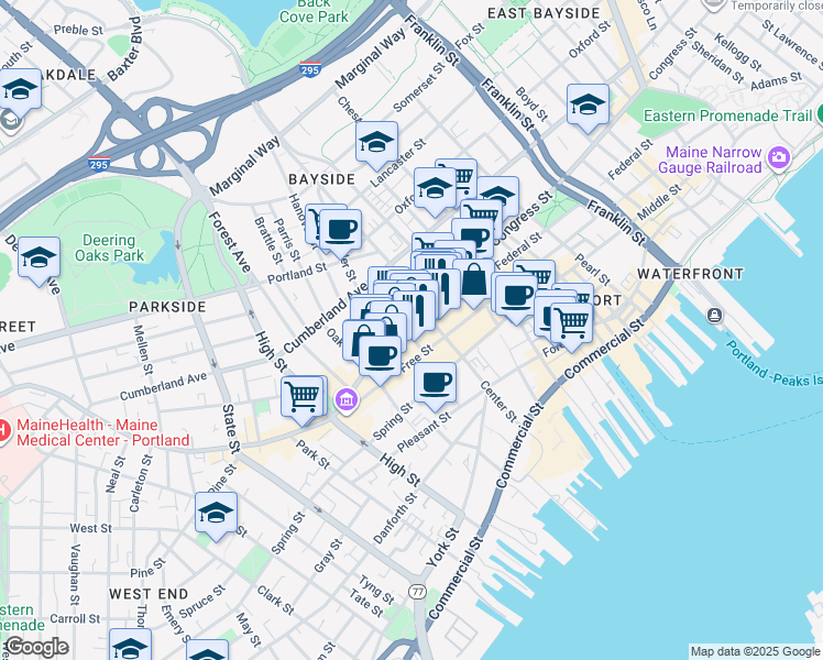 map of restaurants, bars, coffee shops, grocery stores, and more near 84 Free Street in Portland