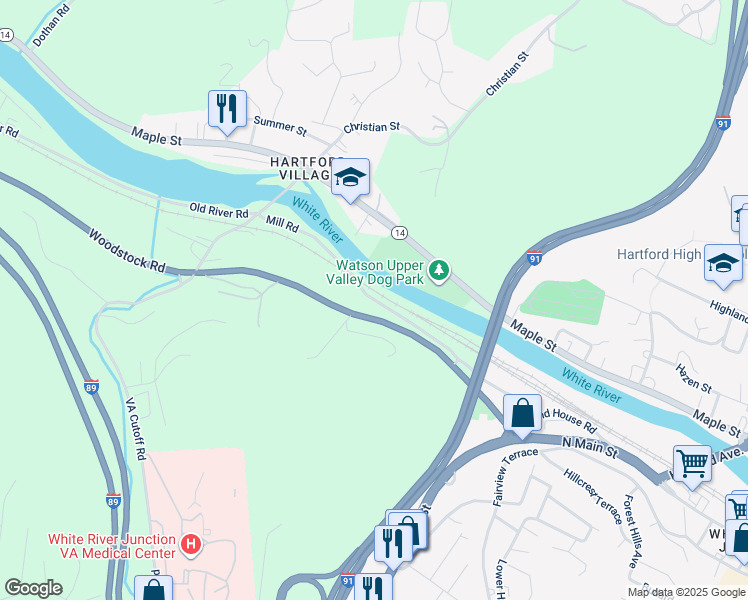 map of restaurants, bars, coffee shops, grocery stores, and more near Mill Road in Hartford