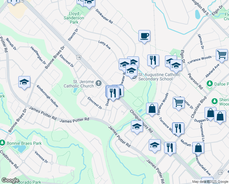 map of restaurants, bars, coffee shops, grocery stores, and more near Chinguacousy Rd & Dusk Dr & Drinkwater Rd in Brampton