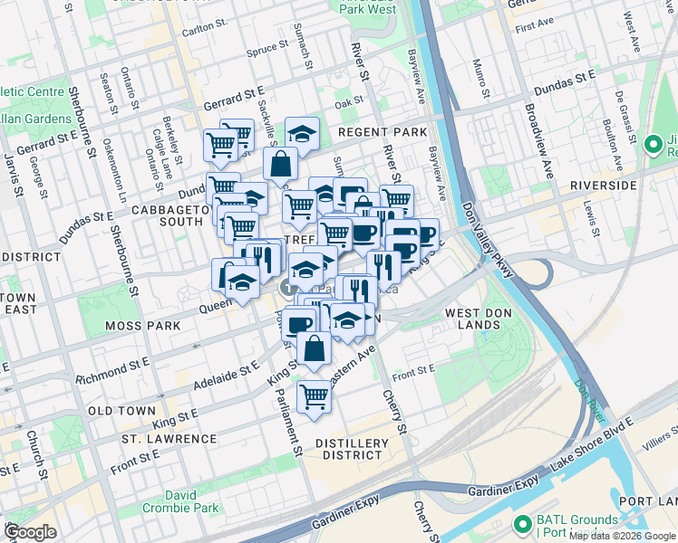 map of restaurants, bars, coffee shops, grocery stores, and more near 443 C Queen Street East in Toronto