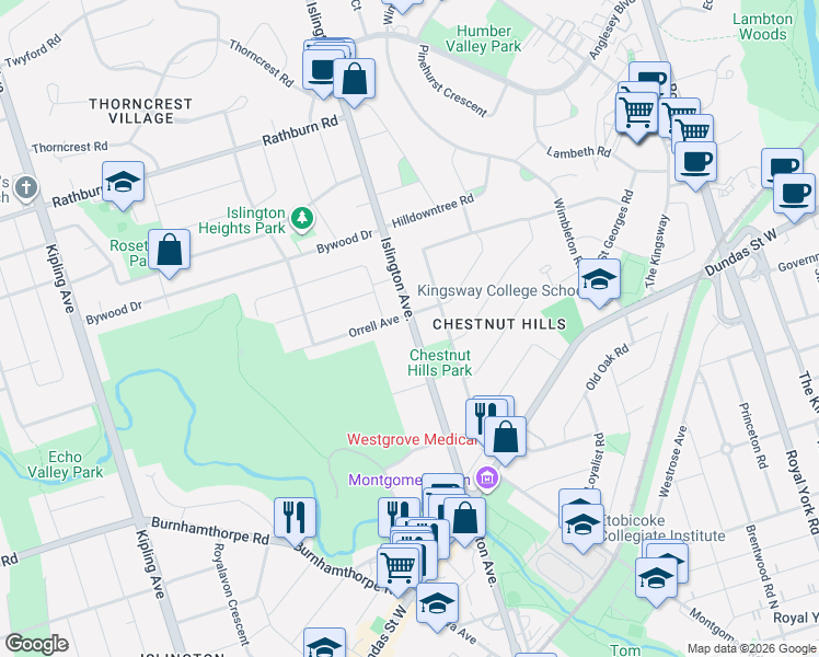 map of restaurants, bars, coffee shops, grocery stores, and more near 1412 Islington Avenue in Toronto