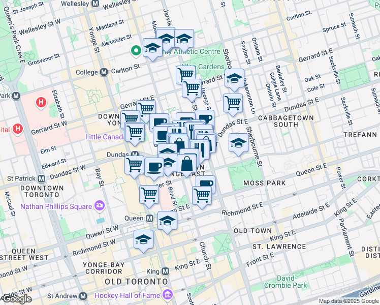 map of restaurants, bars, coffee shops, grocery stores, and more near 88 Mutual Street in Toronto