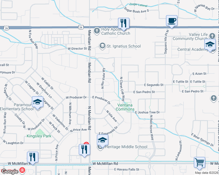 map of restaurants, bars, coffee shops, grocery stores, and more near 210 East San Pedro Street in Meridian
