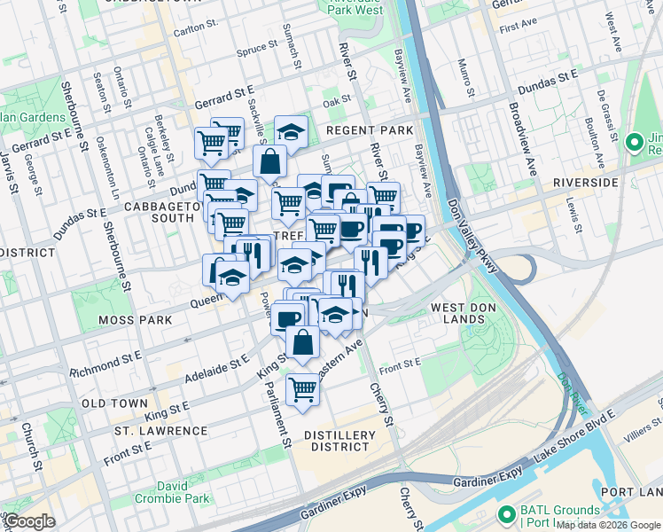 map of restaurants, bars, coffee shops, grocery stores, and more near 453 Queen Street East in Toronto