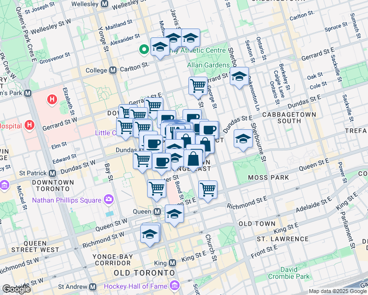 map of restaurants, bars, coffee shops, grocery stores, and more near 101 Dundas Street East in Toronto