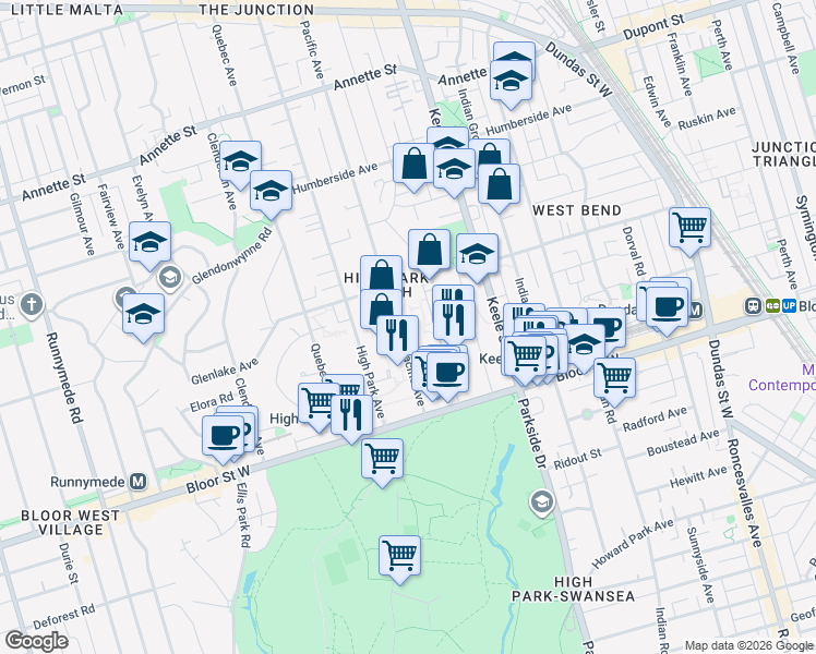 map of restaurants, bars, coffee shops, grocery stores, and more near 111 Pacific Avenue in Toronto
