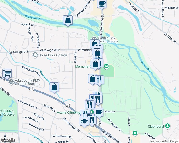 map of restaurants, bars, coffee shops, grocery stores, and more near 5609 North Glenwood Street in Garden City