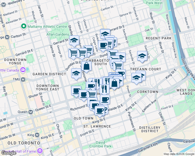 map of restaurants, bars, coffee shops, grocery stores, and more near in Toronto