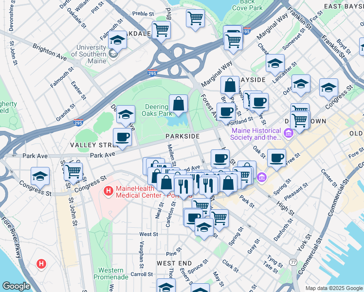 map of restaurants, bars, coffee shops, grocery stores, and more near 61 Sherman Street in Portland