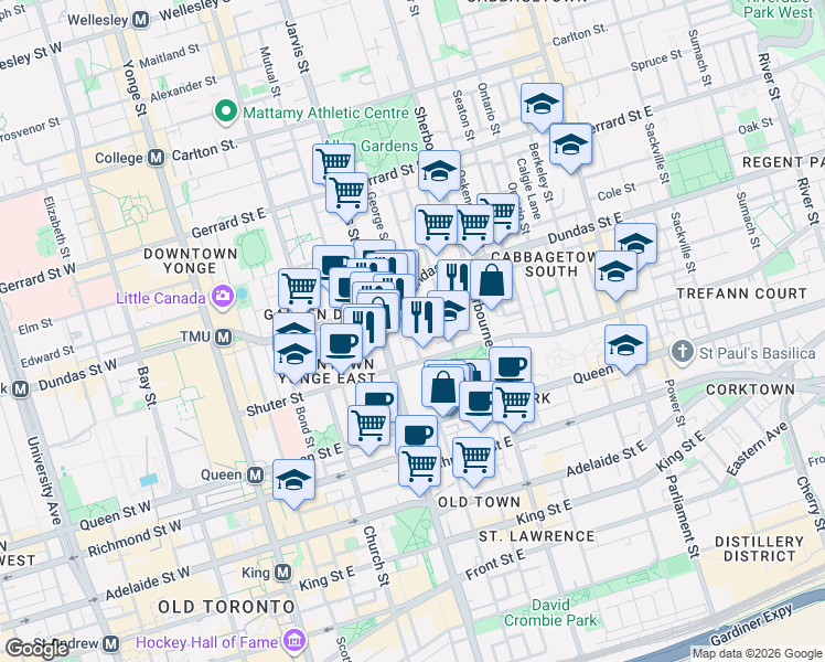 map of restaurants, bars, coffee shops, grocery stores, and more near 220 George Street in Toronto