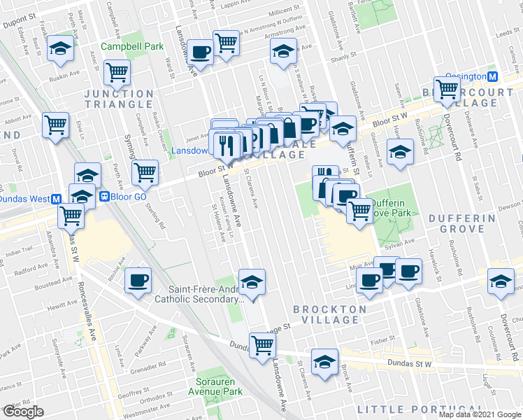 map of restaurants, bars, coffee shops, grocery stores, and more near 379 Saint Clarens Avenue in Toronto