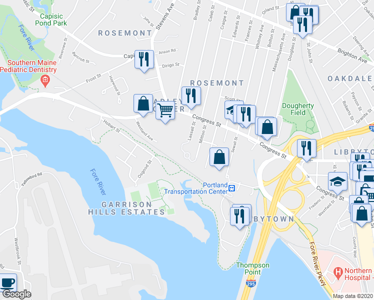 map of restaurants, bars, coffee shops, grocery stores, and more near 41 Willow Lane in Portland