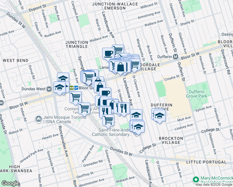 map of restaurants, bars, coffee shops, grocery stores, and more near 262 Saint Helens Avenue in Toronto