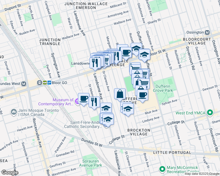 map of restaurants, bars, coffee shops, grocery stores, and more near 379 Saint Clarens Avenue in Toronto