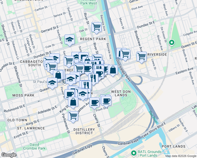 map of restaurants, bars, coffee shops, grocery stores, and more near 510 King Street East in Toronto
