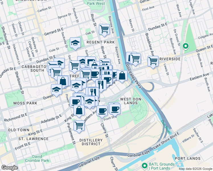 map of restaurants, bars, coffee shops, grocery stores, and more near 510 King Street East in Toronto