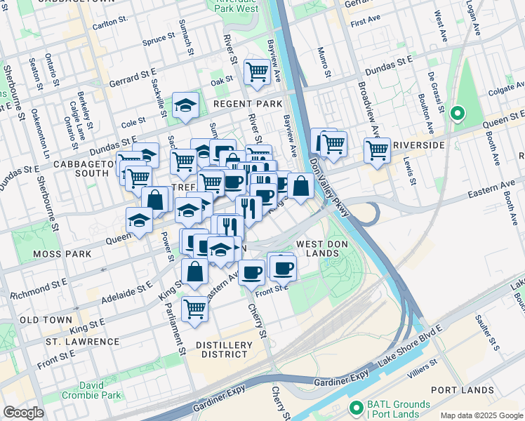 map of restaurants, bars, coffee shops, grocery stores, and more near 510 King Street East in Toronto