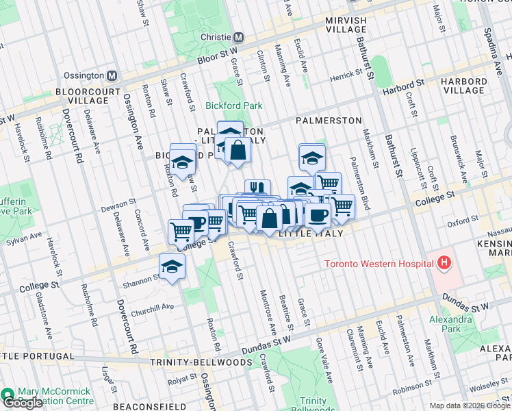 map of restaurants, bars, coffee shops, grocery stores, and more near 207 Beatrice Street in Toronto