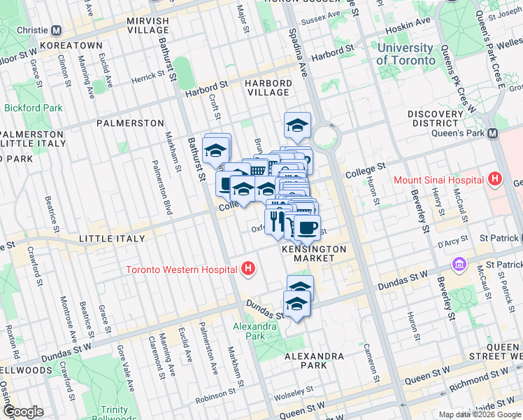 map of restaurants, bars, coffee shops, grocery stores, and more near 116 Bellevue Avenue in Toronto