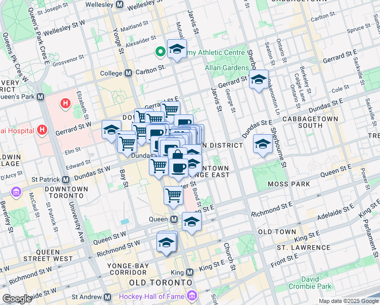 map of restaurants, bars, coffee shops, grocery stores, and more near 86 Dundas Street East in Toronto