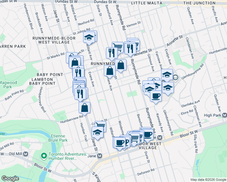 map of restaurants, bars, coffee shops, grocery stores, and more near 645 Windermere Avenue in Toronto