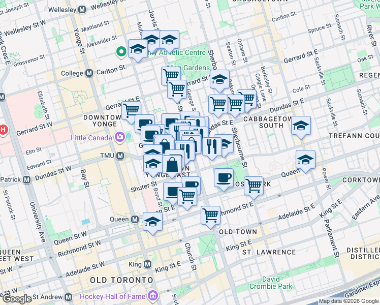 map of restaurants, bars, coffee shops, grocery stores, and more near 192 Jarvis Street in Toronto