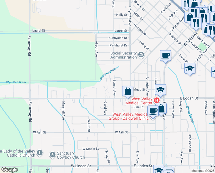 map of restaurants, bars, coffee shops, grocery stores, and more near 324 West Logan Street in Caldwell