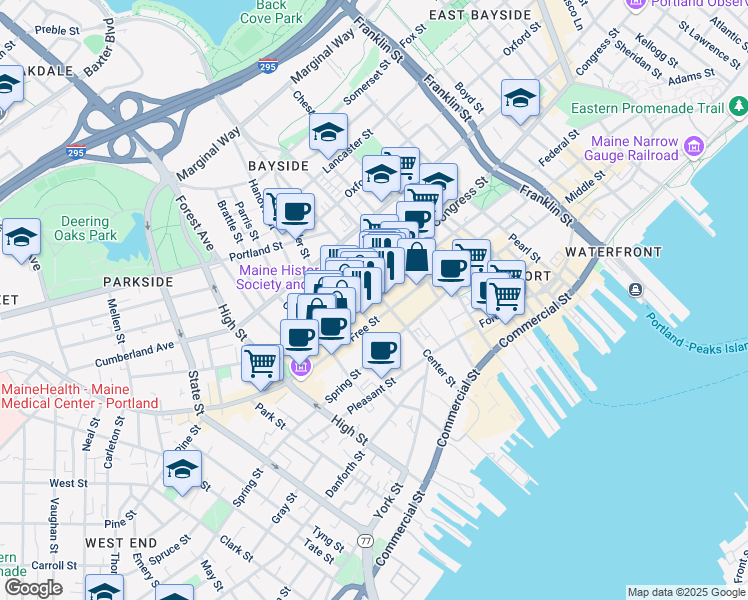 map of restaurants, bars, coffee shops, grocery stores, and more near 84 Free Street in Portland
